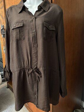 I.N. Studio Sheer Utility Tunic Blouse XL Brown Roll Tab Sleeve Button Front Top